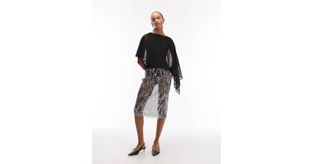 ASOS Sheer Sequin Mesh Knee Length Midi Skirt in Black | Lyst UK