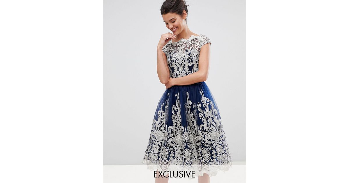 Chi Chi London Premium Metallic Lace Midi Prom Dress With Bardot Neck in  Blue | Lyst Australia