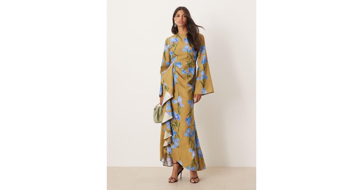 ASOS Long Sleeve Maxi Dress With Ruffle Skirt in Natural | Lyst UK