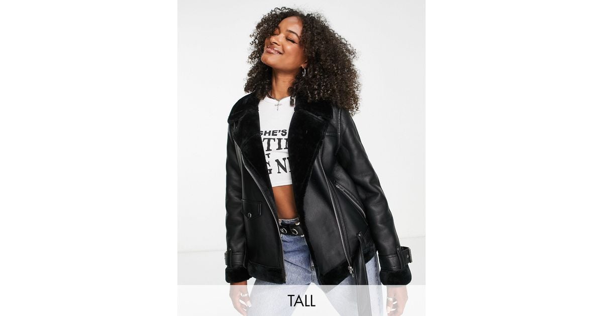 Faux Leather Shearling Aviator Biker Jacket in Black Lyst