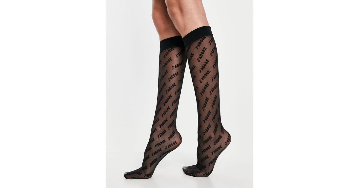 ASOS Knee High Sheer Socks With J'adore Print in Black | Lyst Canada