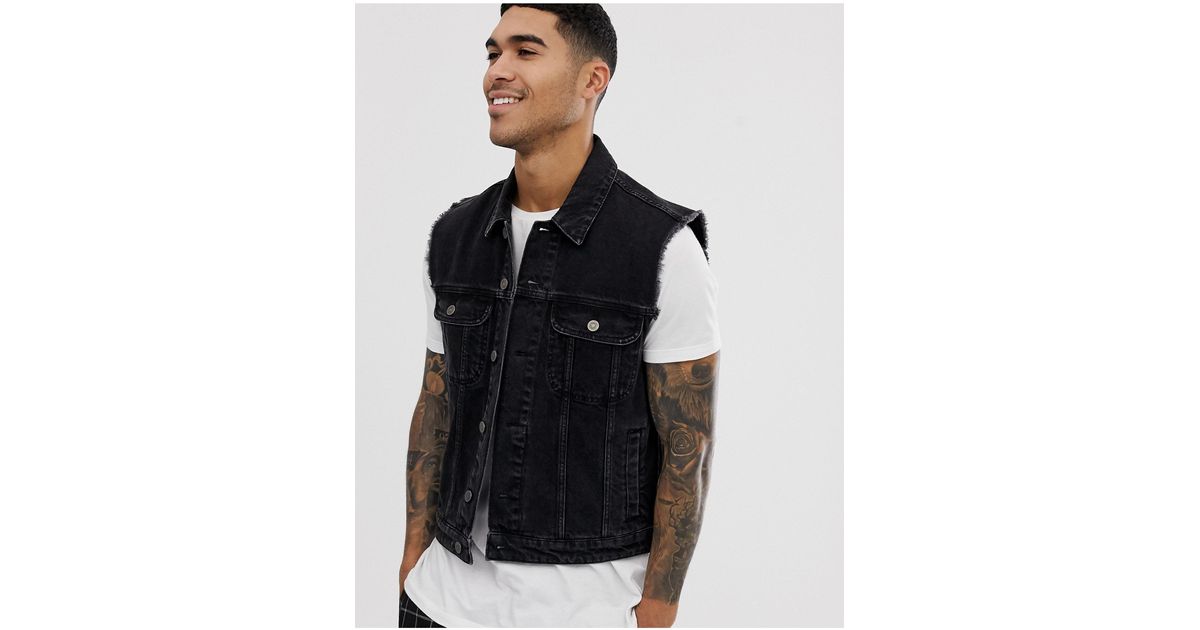 ASOS Sleeveless Denim Vest Jacket in Black for Men Lyst