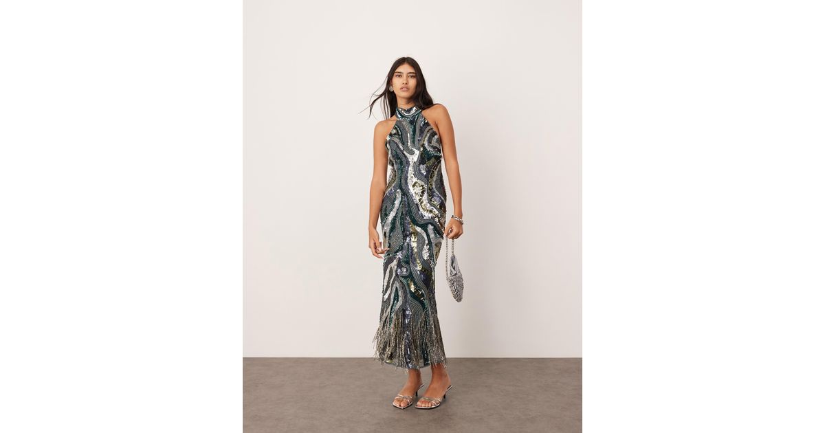 Robe longue a ornements design tourbillons avec col montant avec ourlet frange bleu fonce ASOS Lyst