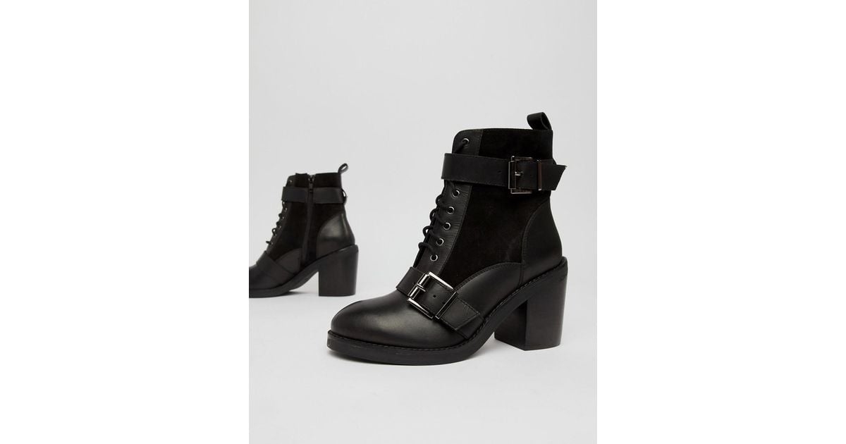 office all rise black chunky heeled two buckle boots