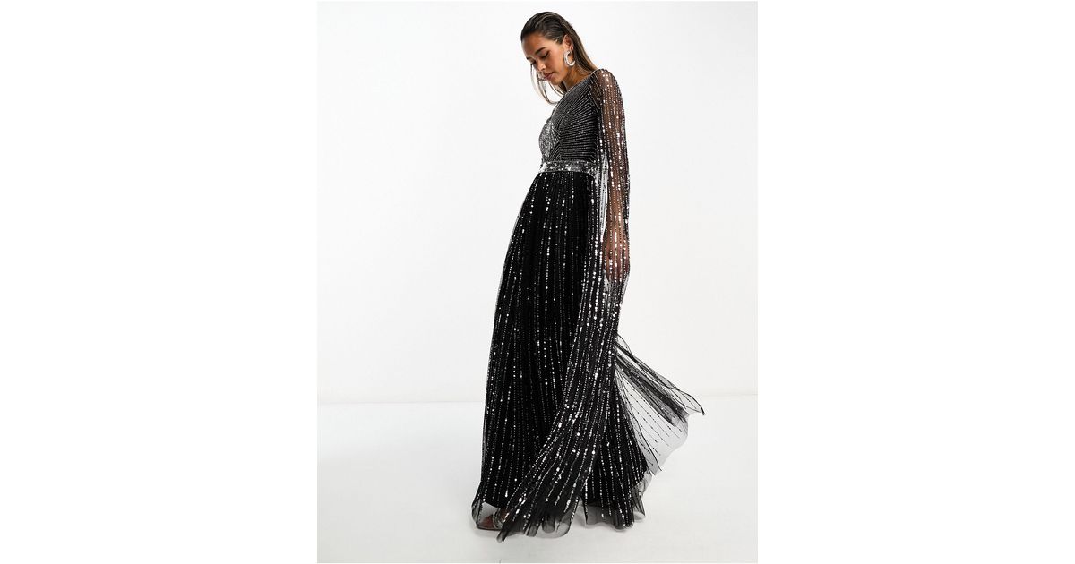 frock and frill Black Allover Embellished Maxi Dress With Cape Detail