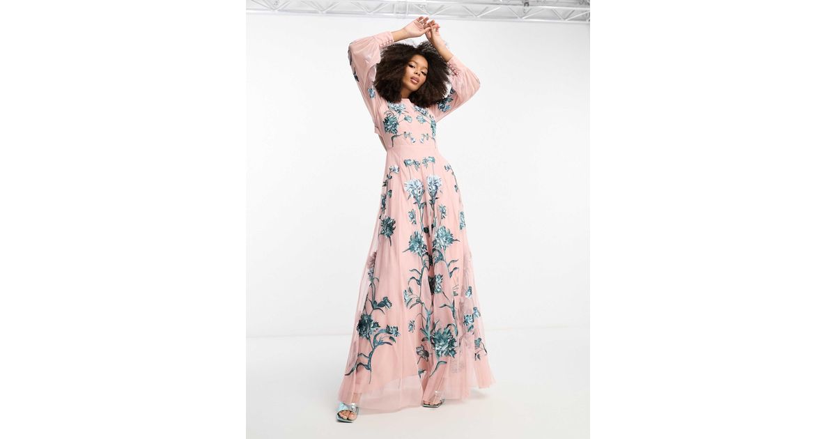 ASOS Blouson Sleeve Floral Embroidered Maxi Dress With Open Back in White Lyst