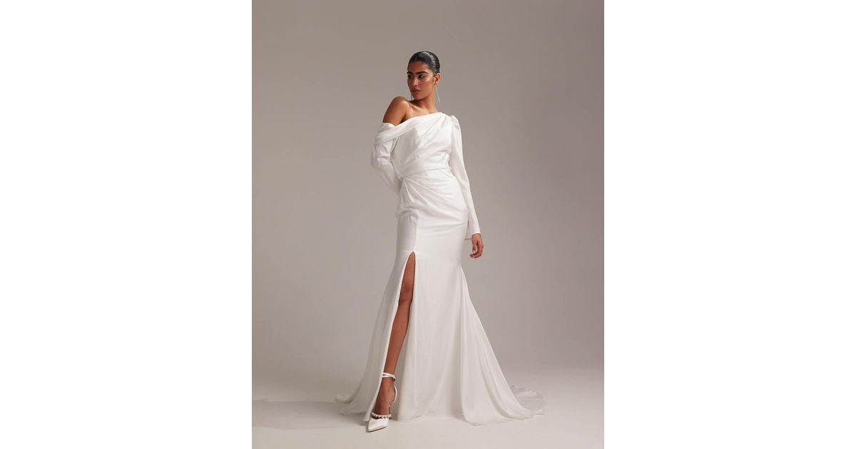 ASOS Draped One Shoulder Satin Wedding Maxi Dress in Natural | Lyst UK