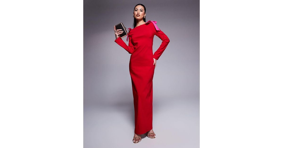 DASKA Bow Shoulder Maxi Dress in Red | Lyst