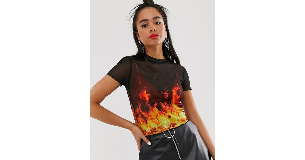 Bershka Denim Fire Print T-shirt in Black | Lyst
