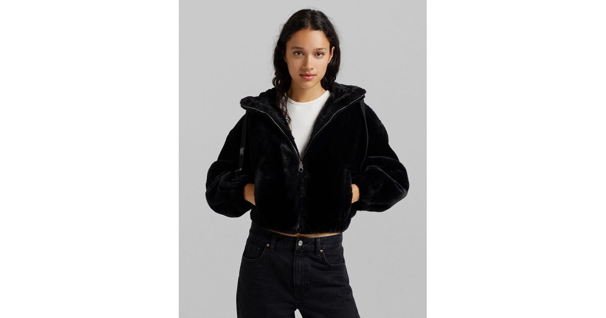 Bershka Faux Fur Hooded Jacket in Black | Lyst