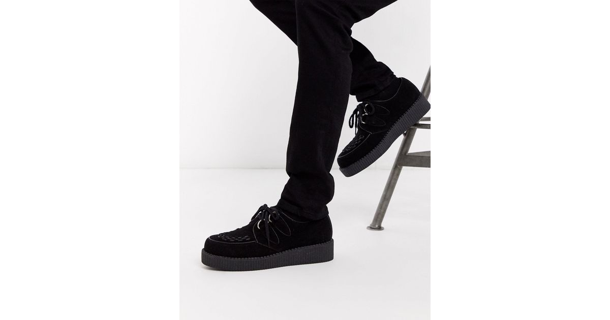 Truffle Collection lace up creeper shoes in black micro faux suede