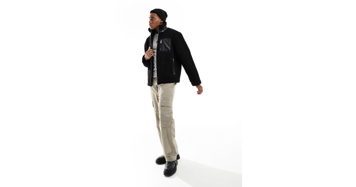 River Island Borg Funnel Neck Jacket in Black for Men Lyst
