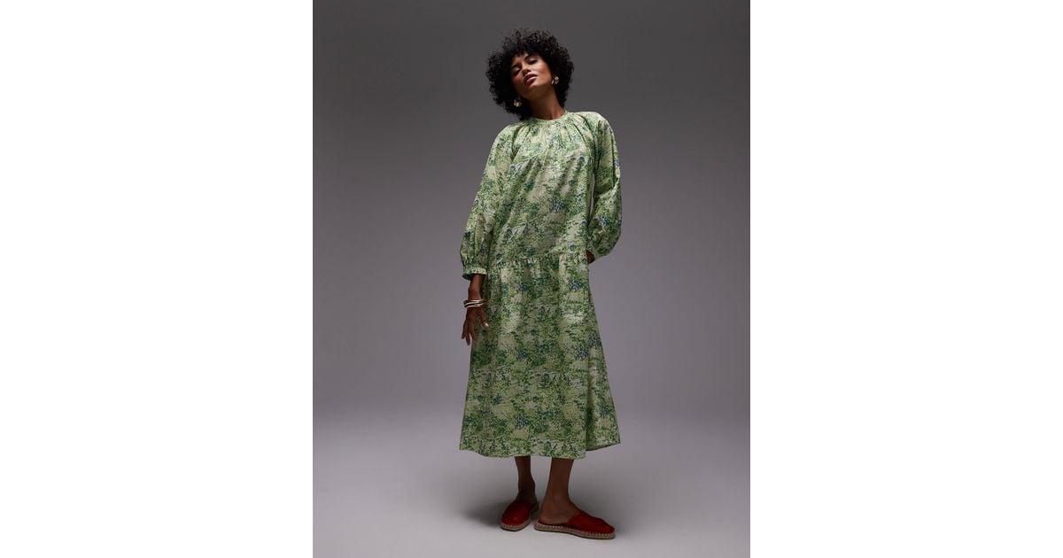 arket green dress ARKET Pure Cotton Smock Midaxi Dress With Drop Waist in Green