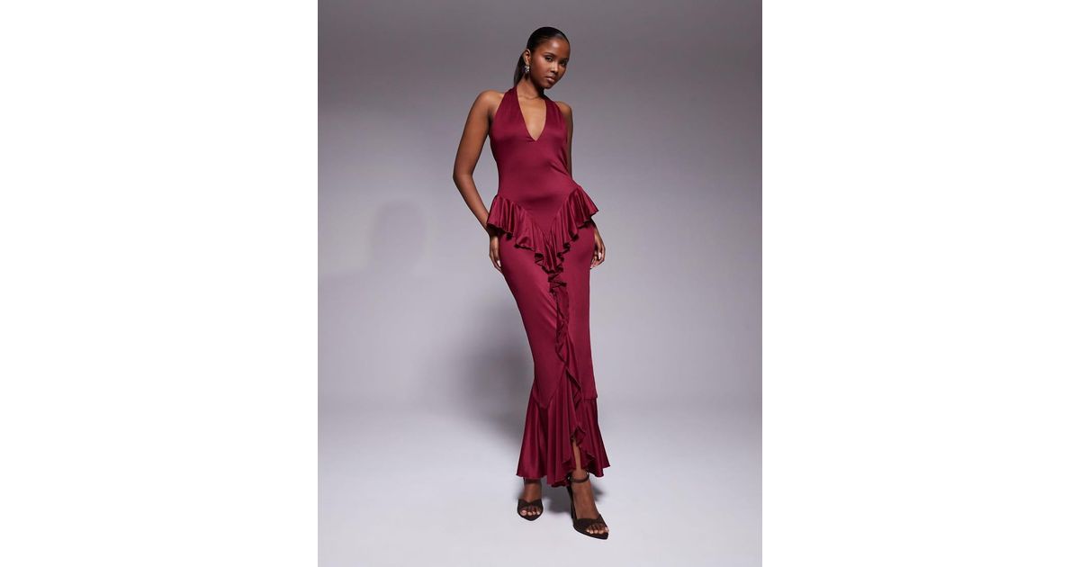 Ruched & Ready Sculpting Halterneck Open Back Ruffle Drape Detail Maxi ...