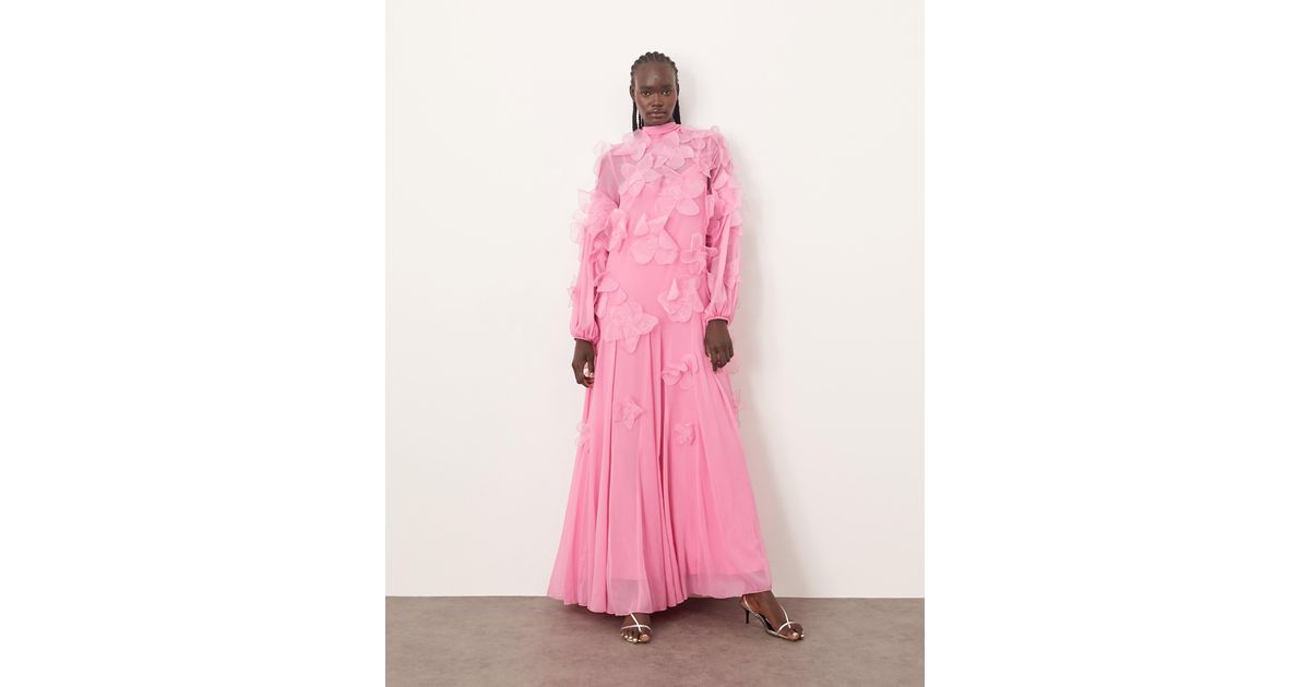 ARRANGE Applique Allover Floral Tie Neck Trapeze Maxi Dress in Pink | Lyst