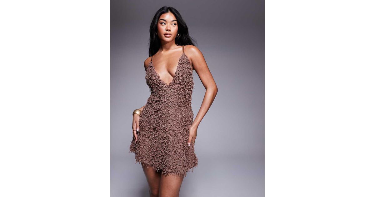 ASOS Textured Fluffy Halter Neck Mini Dress in Brown | Lyst UK