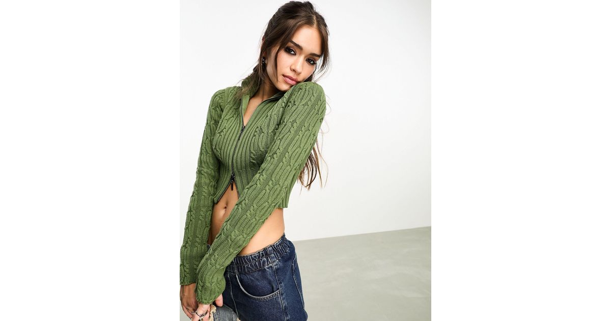 Reclaimed vintage Zip Up Cropped Cable Cardi in Green Lyst