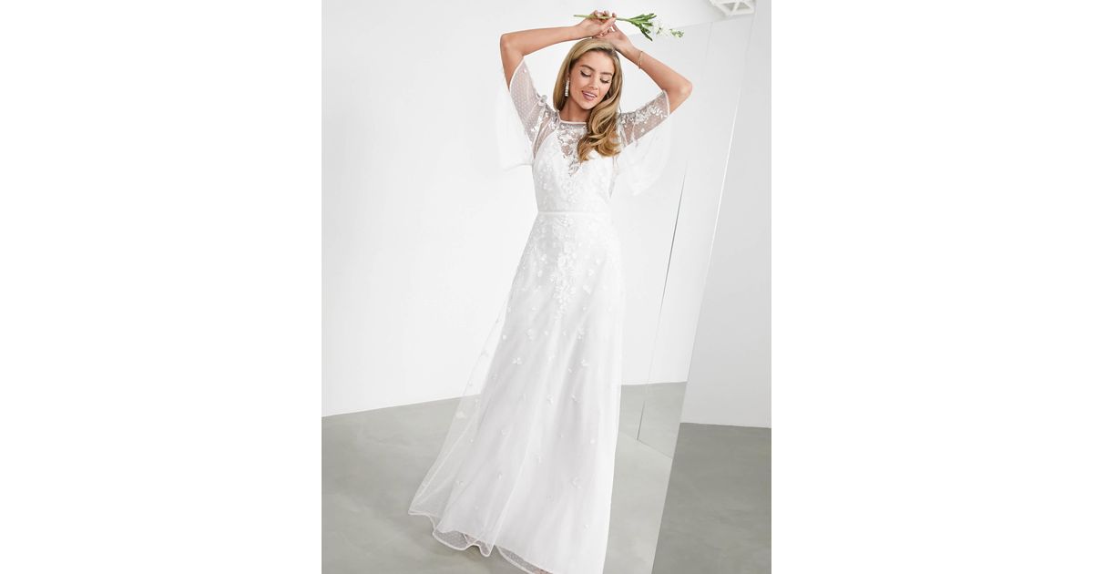 green emerald velvet dress Rent Asos Design Flutter Sleeve Maxi Dress With Trailing Floral  Embellishment In Blue