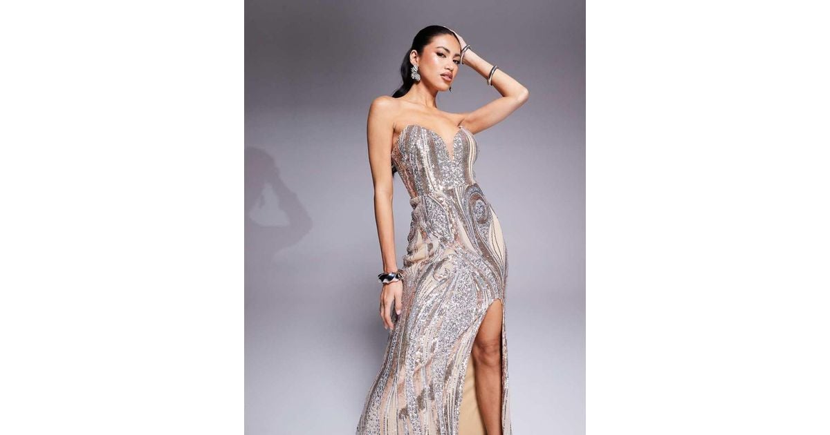 Evening Gown Split Maxi Goddiva Champagne Sequin Dress Dresses Strapless  Multi Sequin Maxi Dress Goddiva