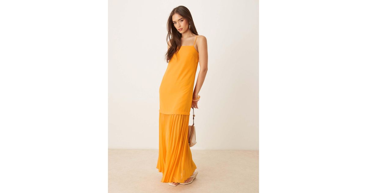 ASOS Dropped Waist Pleated Skirt Cami Midi Dress in Orange | Lyst Australia