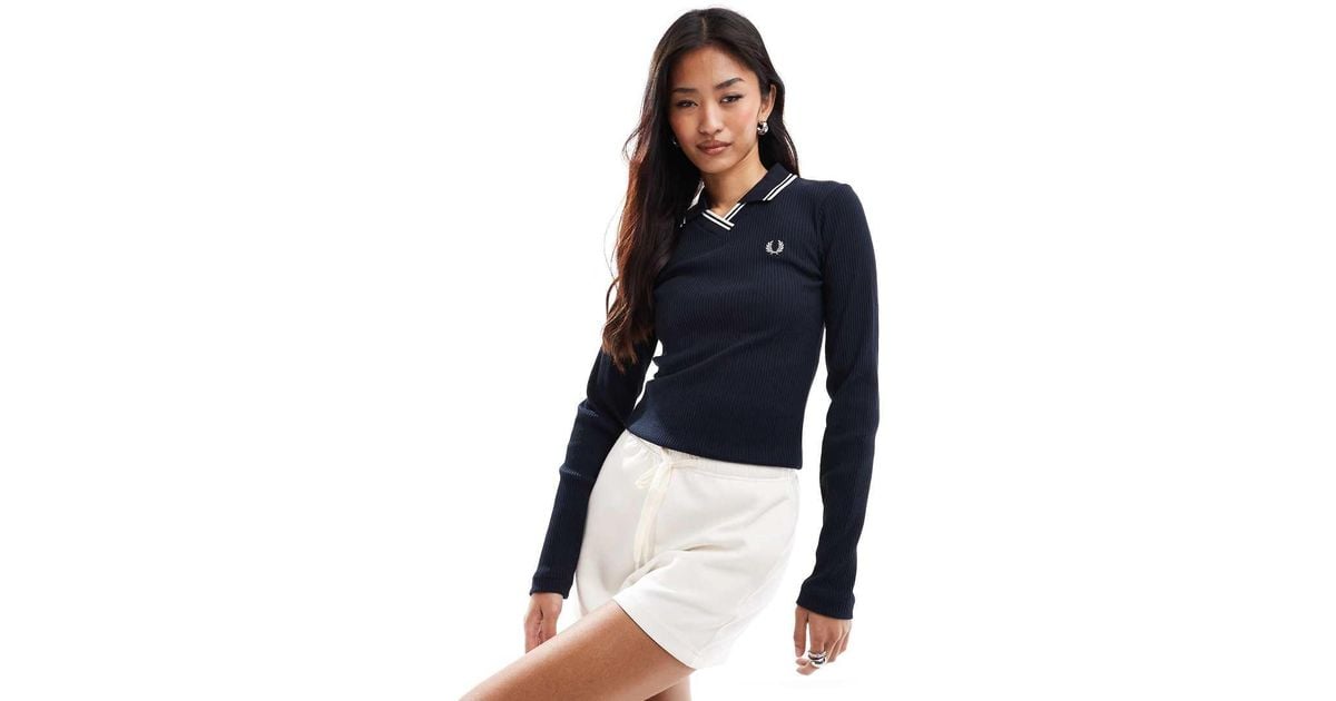 Fred Perry Long Sleeve Ribbed Polo Shirt in Blue | Lyst UK