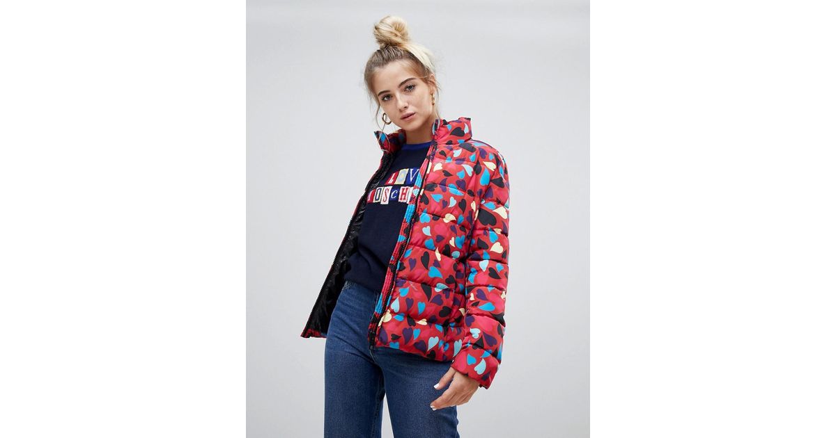 Love Moschino Silk Mosaic Hearts Print Padded Jacket in Red - Lyst