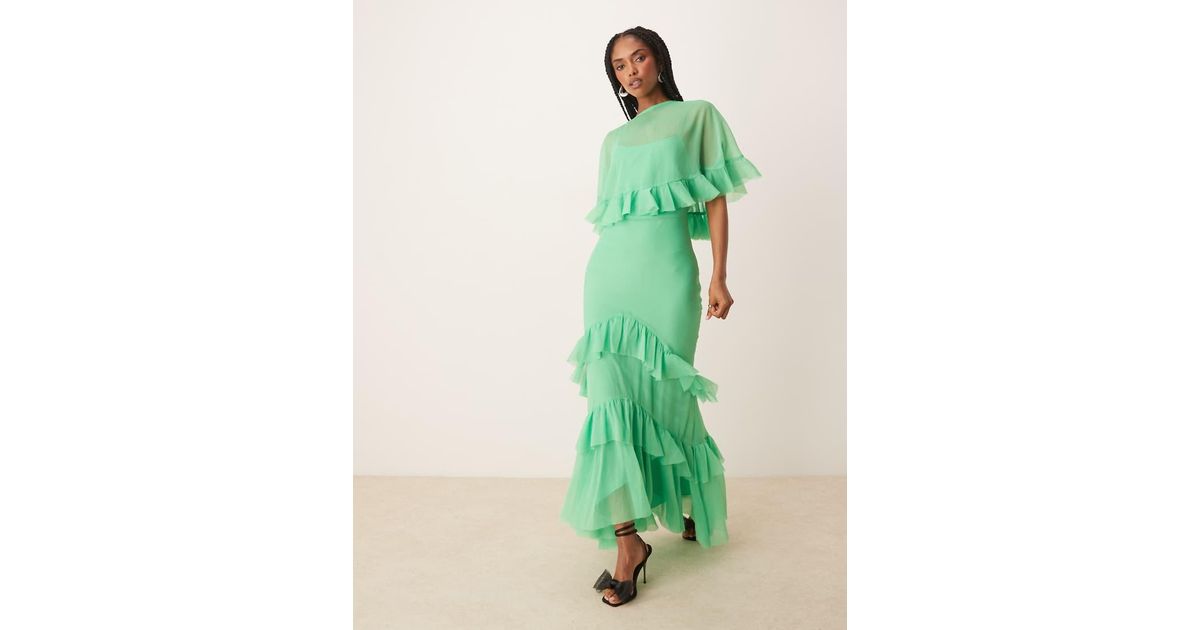 ASOS Cape Overlay Ruffle Bias Maxi Dress in Green | Lyst UK