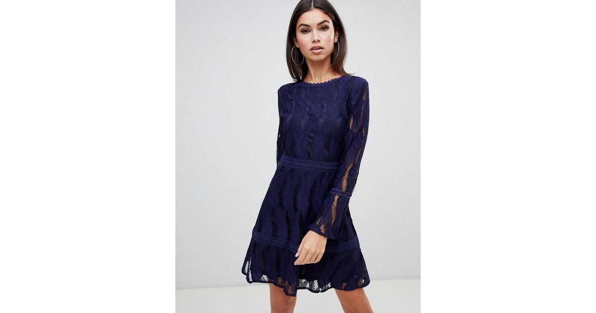 boohoo flare sleeve lace dress in navy