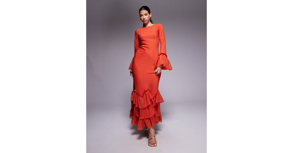 ASOS Tie Ruffle Long Sleeve Chiffon Maxi Dress in Red | Lyst