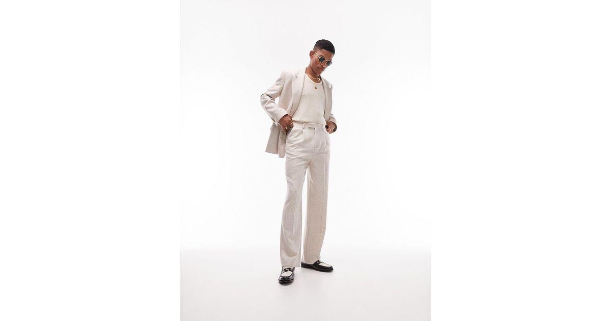 TOPMAN High Waisted Wide Leg Wool Mix Suit Trousers in Natural
