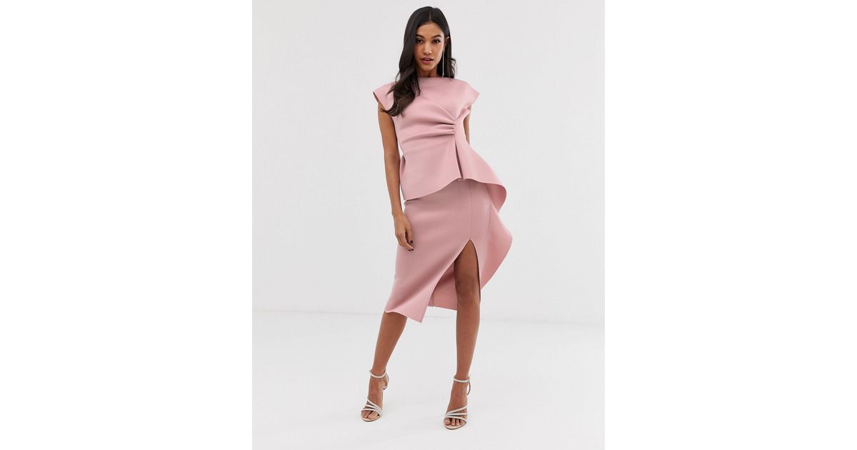 peplum pencil midi dress with tuck detail