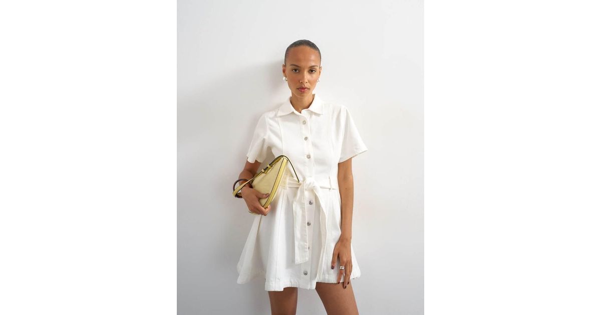TOPSHOP Denim Shirt Belted Mini Dress in White