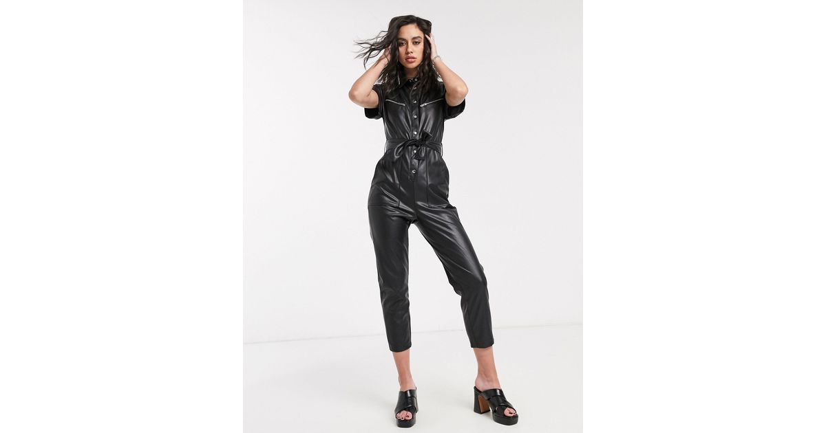 Bershka Synthetic Faux Leather Boiler Suit in Black | Lyst