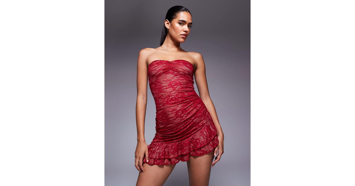 Princess Polly Hailees Lace Bandeau Ruffle Bottom Mini Dress in Red | Lyst  Canada