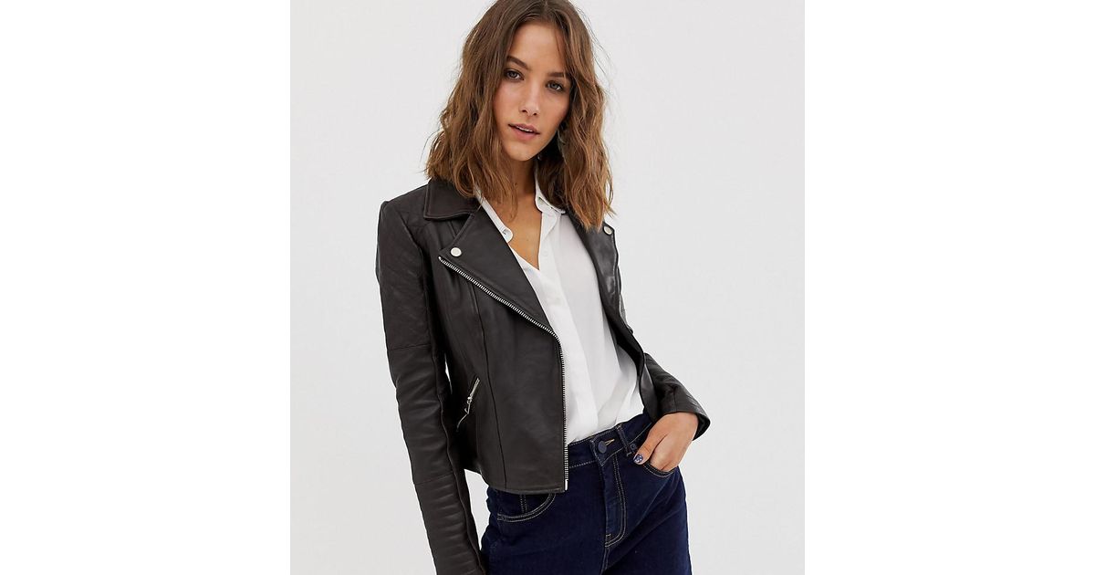 River Island Brown Leather Biker Jacket In Chocolate