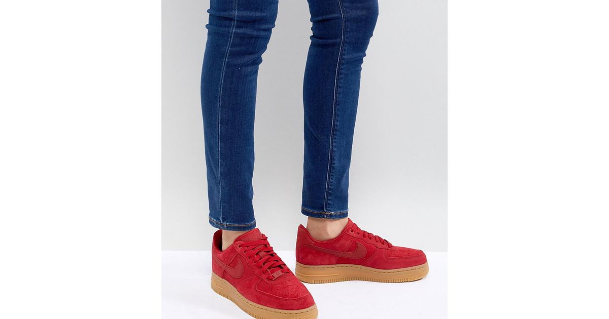 Nike Air Force 1 Red Suede Trainers With Gum Sole