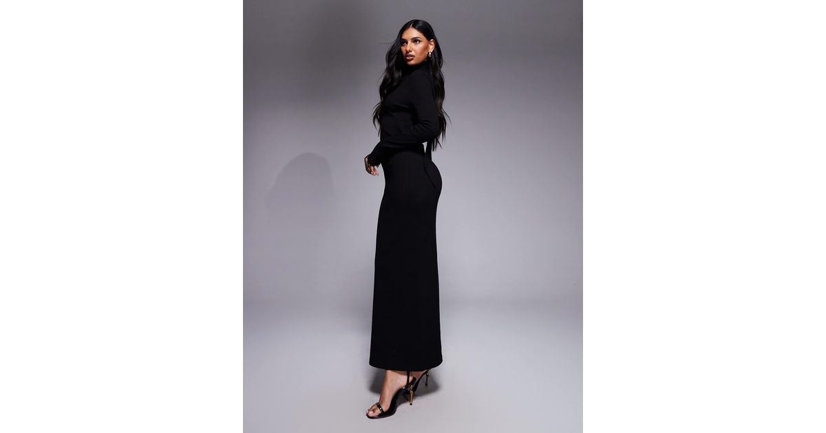 ASOS Ribbed Long Sleeve Maxi Dress With Scarf Detail in Blue | Lyst