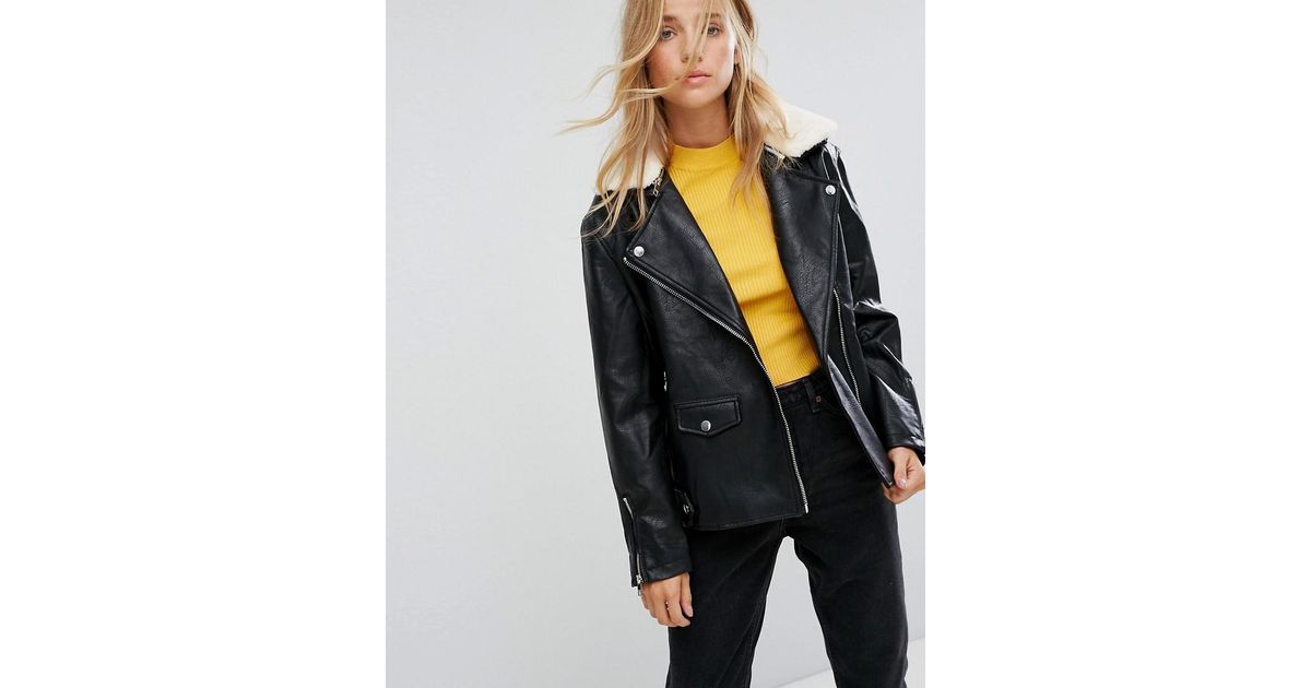 Bershka Black Faux Leather Long Line Biker Jacket