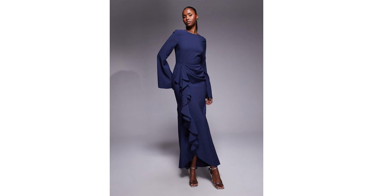 ASOS Long Sleeve Maxi Dress With Ruffle Skirt in Blue | Lyst