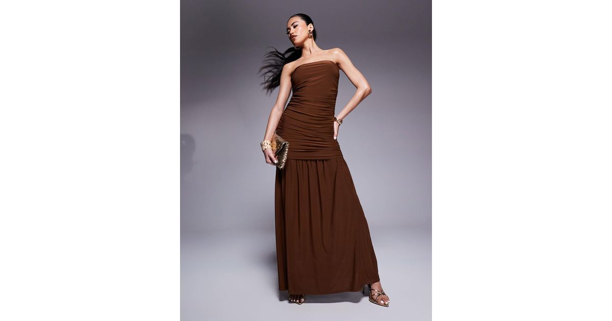ASOS Ruched Bandeau Maxi Dress With Dropped Waist in Brown | Lyst