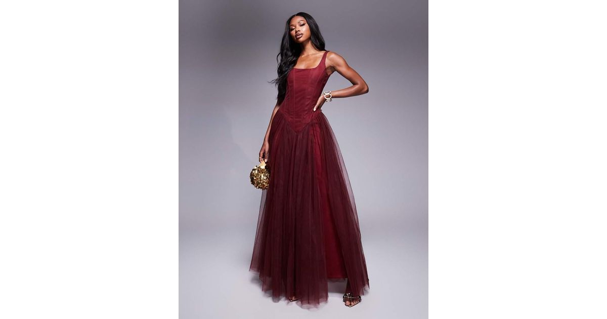 LACE & BEADS Drop Waist Corset Detail Maxi Dress in Red | Lyst UK