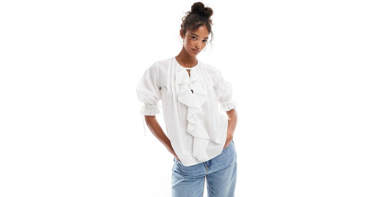 ASOS Ruffle Front Top With Pleat Detail And Tie Front in White | Lyst UK
