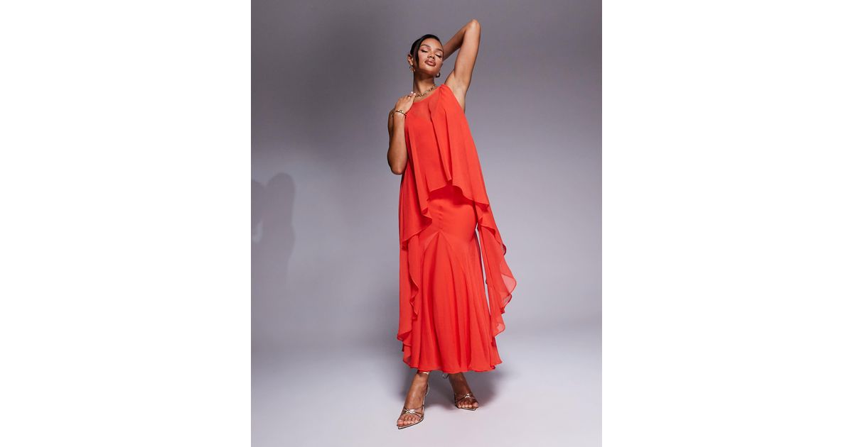 ASOS Plunge Bias Maxi Dress With Chiffon Overlay And Godet in Red | Lyst