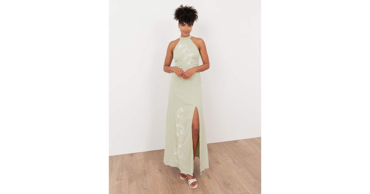 maya embroidered halter neck dress Keyhole Back Maxi in Natural Navy Mini Dress