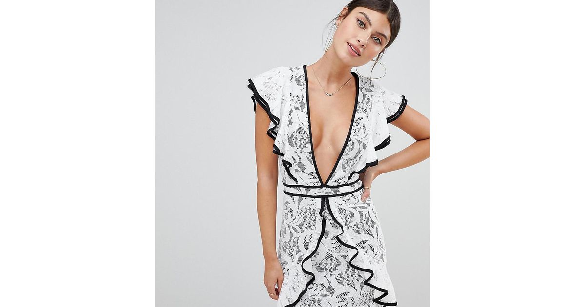 white embroidered lace detail plunge bodycon dress