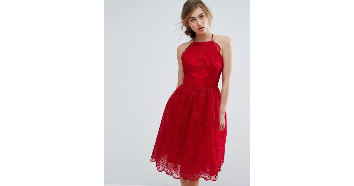 red high neck lace dress