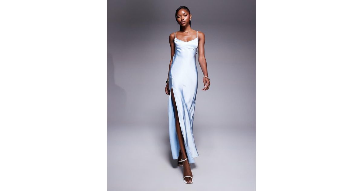 princess polly blue silk dress Princess Polly satin open back thigh split cami maxi dress in light blue