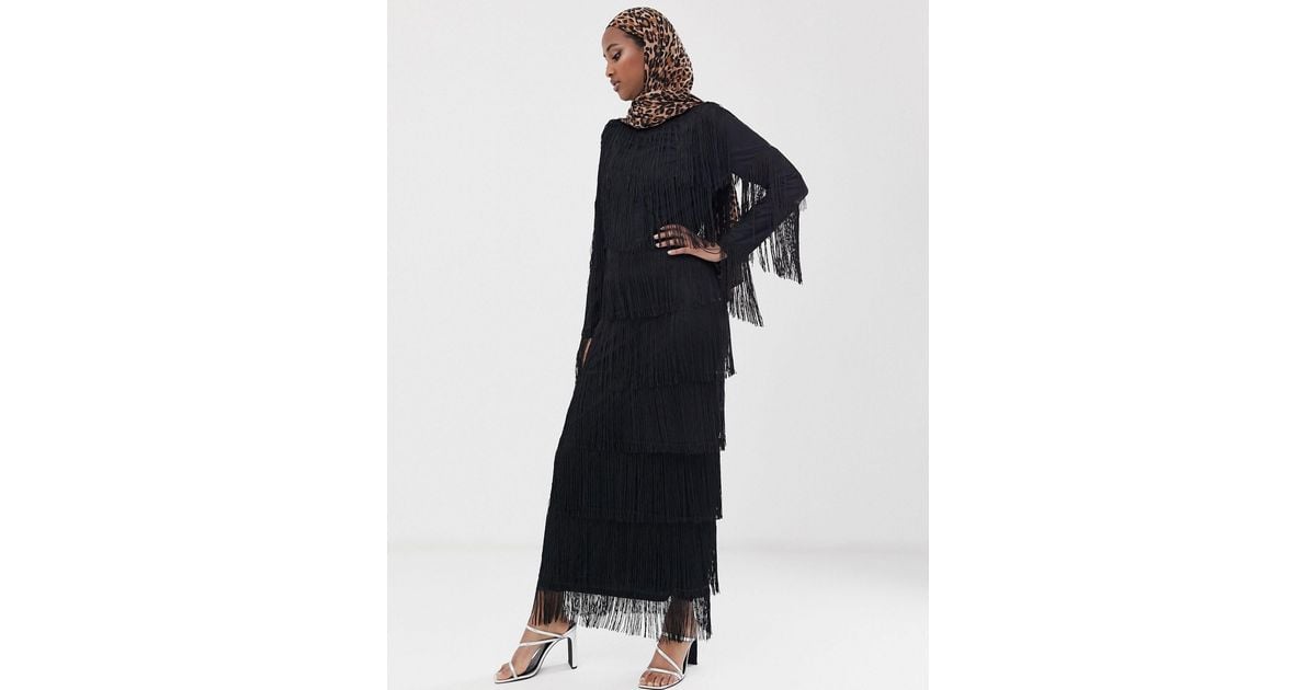 Long Sleeve Fringe Column Maxi Dress 
