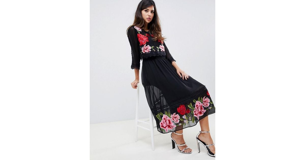 asos design double layer midi embroidered dress with long sleeves