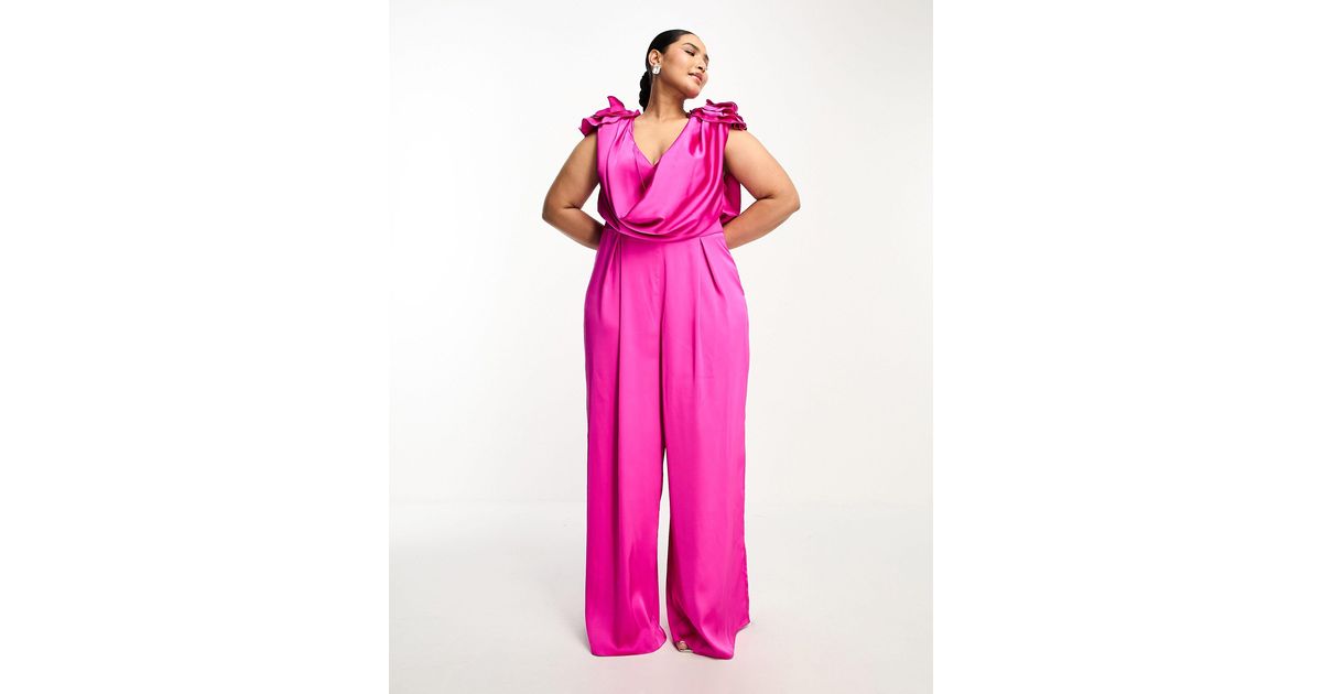 ASOS Curve Satin Corsage Plunge Neck Wide Leg Jumpsuit in Pink | Lyst